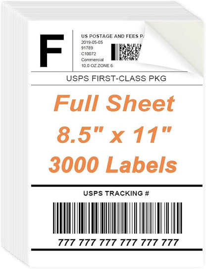 8.5" x 11" Sticker Paper for Inkjet Printers - 3000 Sheets Full Sheet Shipping Labels Printable Full Page Labels 8.5×11 White Sticker Paper for Laser Printing - Matte | Laser Inkjet Printer Labels - TrueDesk