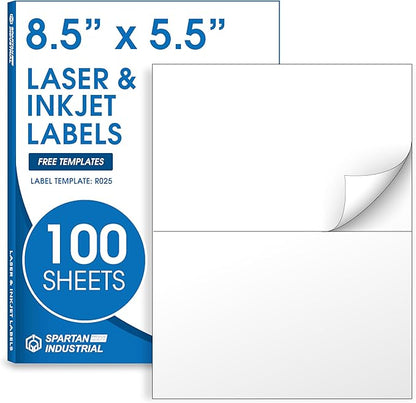 8.5" X 5.5" Matte White Printable Half Sheet Shipping Labels (100 Sheets, 200 Stickers) Mailing and Address Labels for Laser & Inkjet Printers - Spartan Industrial Template R025 | Laser Inkjet Printer Labels - TrueDesk