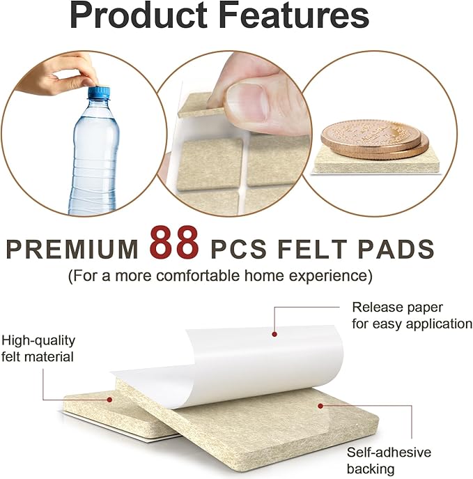 88 Pack Felt Furniture Pads for Chair Legs, Self - Adhesive Floor Protectors for Hardwood Floors, 3mm Thick Beige Felt Pads, Assorted Round and Square Sizes, 3/4 in and 1 in | Furniture Pads - TrueDesk