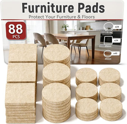 88 Pack Felt Furniture Pads for Chair Legs, Self - Adhesive Floor Protectors for Hardwood Floors, 3mm Thick Beige Felt Pads, Assorted Round and Square Sizes, 3/4 in and 1 in | Furniture Pads - TrueDesk