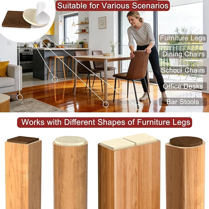 88 Pack Felt Furniture Pads for Chair Legs, Self - Adhesive Floor Protectors for Hardwood Floors, 3mm Thick Beige Felt Pads, Assorted Round and Square Sizes, 3/4 in and 1 in | Furniture Pads - TrueDesk