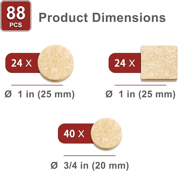 88 Pack Felt Furniture Pads for Chair Legs, Self - Adhesive Floor Protectors for Hardwood Floors, 3mm Thick Beige Felt Pads, Assorted Round and Square Sizes, 3/4 in and 1 in | Furniture Pads - TrueDesk