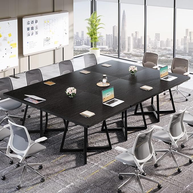 Tribesigns 31.5" Square Conference Table Set of 6, 8 ft Industrial Office Meeting Table for 8-10 People, Business Podcast Furniture with Metal Base for Small Spaces, Office Conference, Black