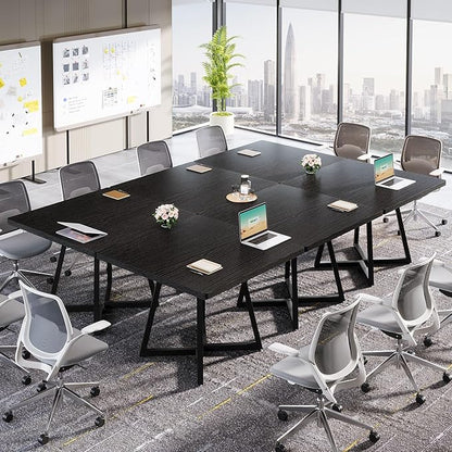 Tribesigns 31.5" Square Conference Table Set of 4, 10 ft Industrial Office Meeting Table for 8-10 People, Business Podcast Furniture with Metal Base for Small Spaces, Office Conference, Black