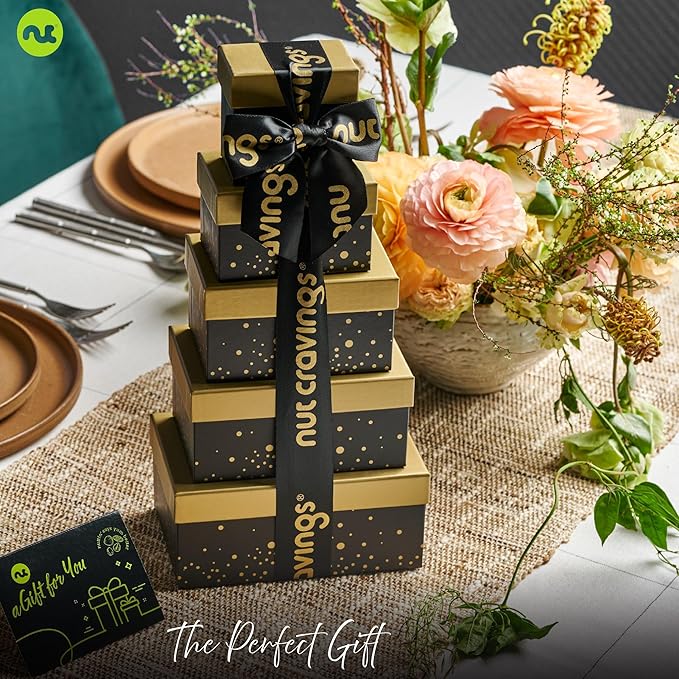 NUT CRAVINGS - Thanksgiving Chocolate Covered Pretzels & Caramel Popcorn Gift Basket, in Black Tower + Ribbon (8 Assortments) Holiday Xmas Christmas Healthy Snack Care Package