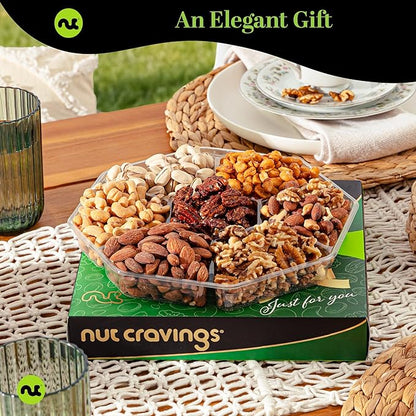 NUT CRAVINGS - Thanksgiving Mixed Nuts Gift Basket in Green Gold Box (7 Assortments, 2 LB) Holiday Xmas Christmas Food Arrangement, Healthy Snack Care Package, Food Assortments