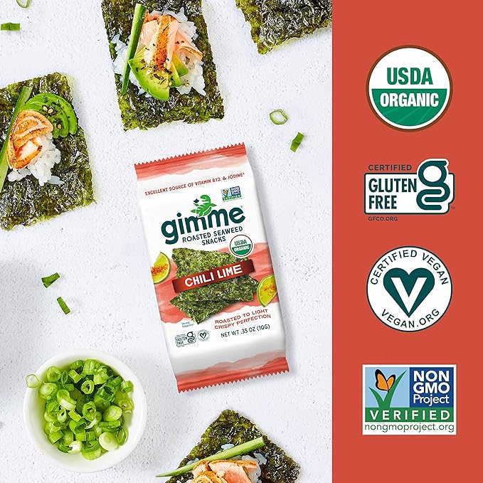 Gimme Seaweed Organic Premium Roasted Seaweed Snacks, Chili Lime, 12 Count Sharing Size, Keto, Vegan, Gluten-Free, Great Source of Omega3s and Iodine, Healthy On-The-Go Snack for Kids and Adults