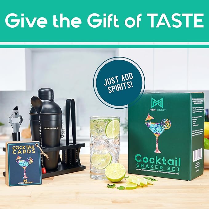 Modern Mixology Cocktail Shaker Set - 8 Piece Bartender Kit on Quality Pine Stand | Complete Cocktail Kit Gift Set | Top Bartender Gifts for Men | Leak Proof Design (Gold)