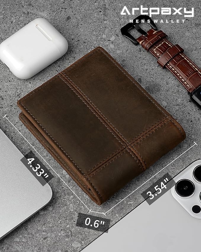 Mens Wallet Bifold Genuine Leather RFID Blocking Wallet for Men with 2 ID Windows 12 Card Holders 2 cash pockets 1 Gift Box