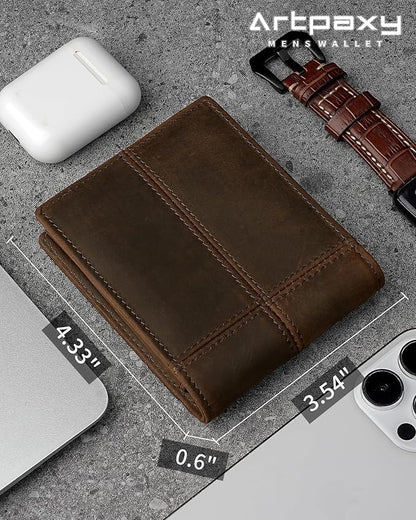 Mens Wallet Bifold Genuine Leather RFID Blocking Wallet for Men with 2 ID Windows 12 Card Holders 2 cash pockets 1 Gift Box