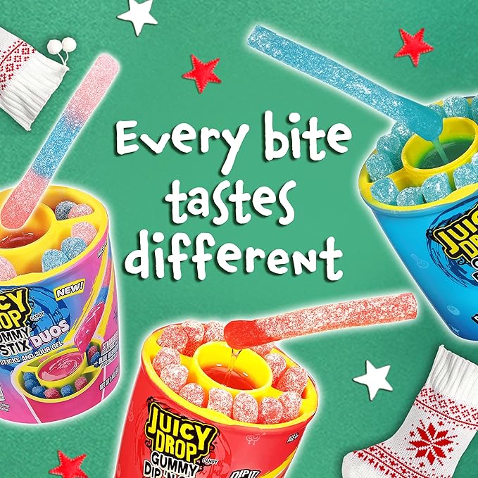 Juicy Drop Gummy Dip 'N Stix Assorted Christmas Candy Variety Pack, Sweet Gummy Sticks W/ Sour Dipping Gel, 8Ct, Sour Candy Pack for Party Favors, Stocking Stuffers, Kids Gifts