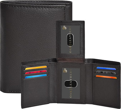 Real Leather Mens Trifold Wallet RFID Blocking Slim Minimalist Front Pocket - Thin & Stylish with ID Window in Gift Box