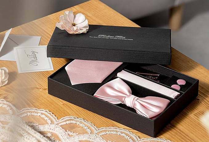 TIE G 5pcs Tie Set in WHITE OR BLACK GIFT BOX: Solid Color Necktie, Satin Bow Tie, Pocket Square, Lapel, Cuff Links