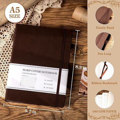 CAGIE Lined Journal Notebook for Men Women 320 Pages Leather Journals for Writing A5 Thick Hardcover Journaling Notebooks for Work Note Taking Diary, 5.7x8.3 in, Dark Brown
