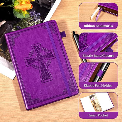 CAGIE Leather Lined Journal Notebook for Men & Women, Debossed Cross, 320 Pages 100 GSM Thick Paper, A5 Hardcover Journaling Notebooks for Writing, 5.7'' X 8.3'' Diary, Purple