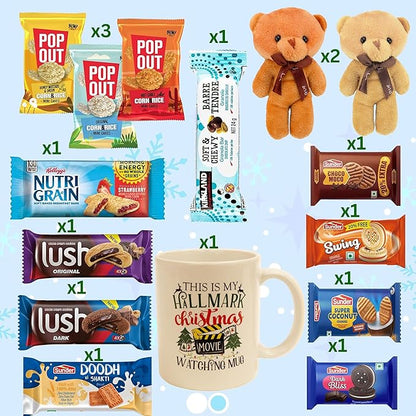 Christmas Gift Set Basket 50 Count, Includes Dubai Chocolate 200 g, Vanilla Marshmallow in Jar, Hot Cocoa Toppings, Cookies, Snacks, Two Teddy Bears and Christmas Mug, Holiday Party Favors or Gift Basket for Friends Students