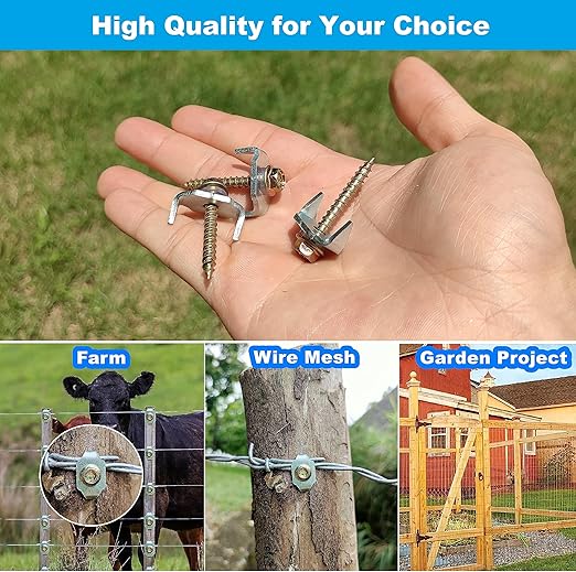 100 Pcs Fencing Fasteners Post Screw with Wire Fixer, Fence Staple for Wire Mesh and Woven Fencing, Quickly Install in Wood with Power Drill
