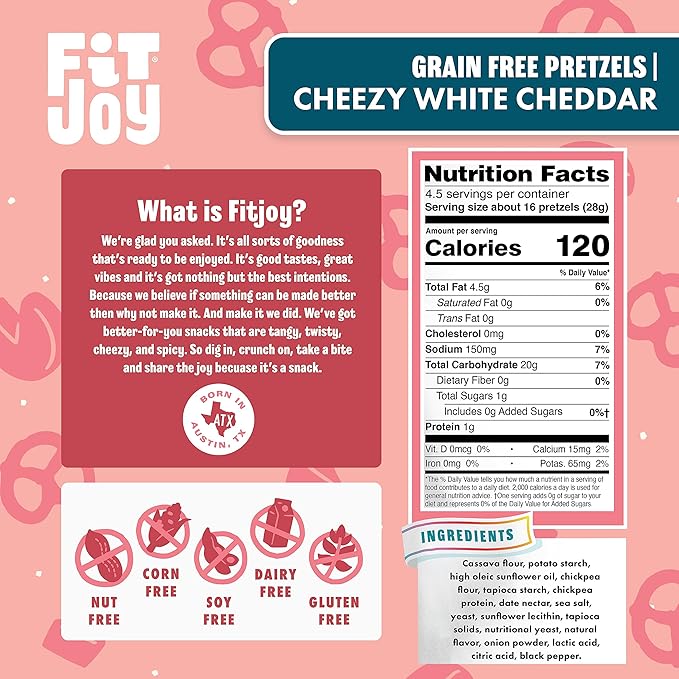 FitJoy White Cheddar Pretzels (Pack of 6, 4.5 Oz) - Dairy, Nut & Gluten Free Snacks - Grain Free Cassava Root & Chickpea Flour Vegan Pretzel Twists - Classic Snack Pretzels for Moms and More