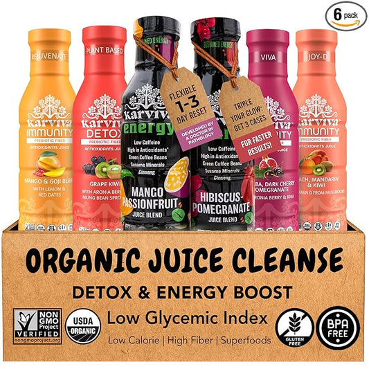 Organic Juice Cleanse & Claiming Energy Pack | 1 to 3-Day Cleanse | Ancient Remedies for Gentle Detox, No-Jitters No Crash Energy | Sprouts, Green Coffee Bean Mega Antioxidants, Aronia, Ashitaba, Low-Cal, Non-GMO, No-Sugar Added (6 12 fl.oz. BPA-Free B...