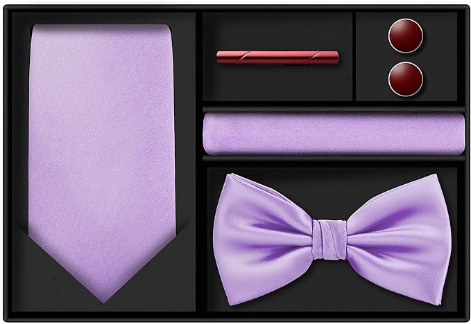 TIE G 5pcs Tie Set in WHITE OR BLACK GIFT BOX: Solid Color Necktie, Satin Bow Tie, Pocket Square, Lapel, Cuff Links