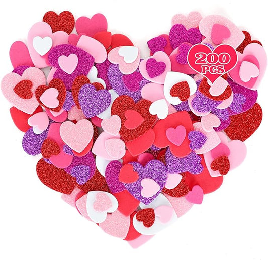 200 PCS Valentines Stickers, Self-Adhesive Foam Heart Stickers Valentines Decor, 3 Sizes Glitter Foam Hearts Valentine's Crafts, Valentine Stickers for Envelopes Invitations Card Making