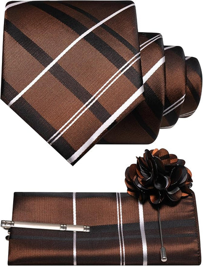 JEMYGINS Mens Striped Tie and Pocket Square with Tie Clip Lapel Pin Set 4PCS