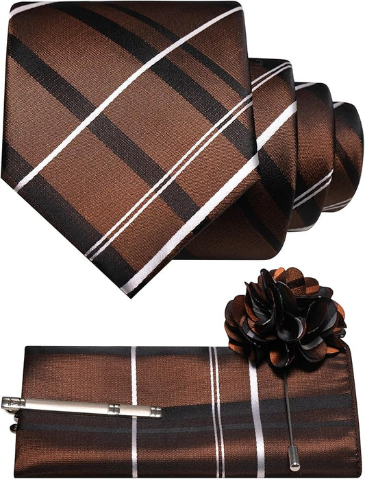 JEMYGINS Mens Striped Tie and Pocket Square with Tie Clip Lapel Pin Set 4PCS