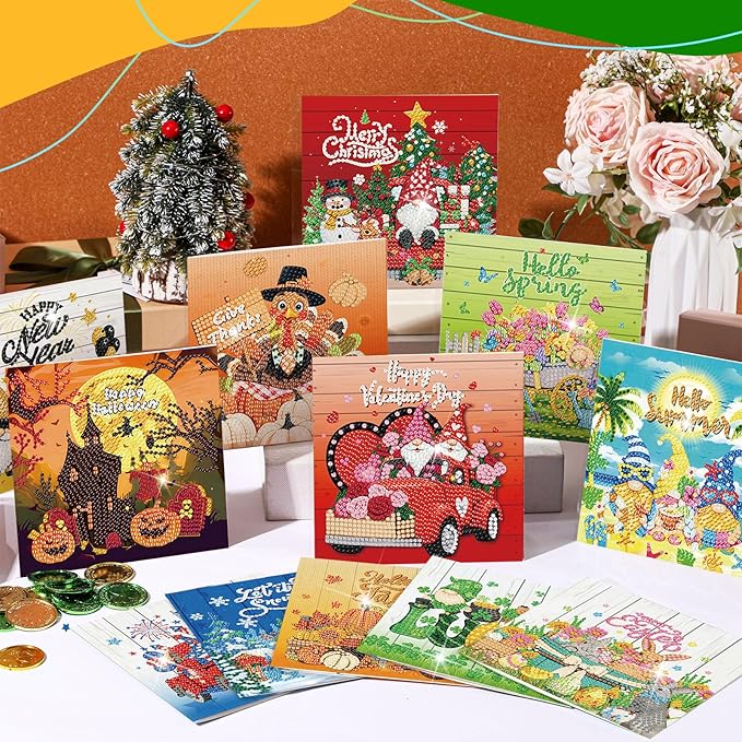 Saillong 12 Pack Valentine's Day Diamond Painting Greeting Card Kit Holiday Diamond Art Cards with Envelopes Season 5D Rhinestones Painting Making Kits for Adult DIY Craft Family Friend Holiday Gift