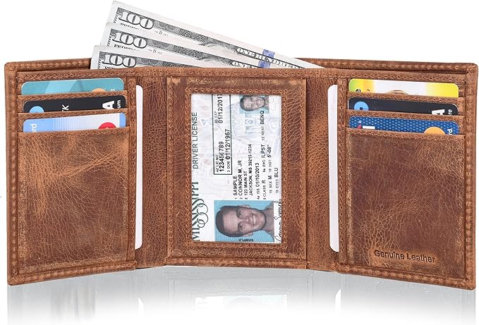 Tri fold Leather Wallet for Men with RFID | Slim Wallets for Men with 1 ID and 6 Credit card slots | Front Pocket Minimalist