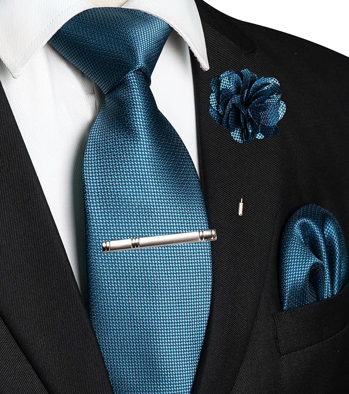 JEMYGINS Mens Tie and Lapel Pin with Pocket Square Tie Clip Sets for Casual and Business 4PCS