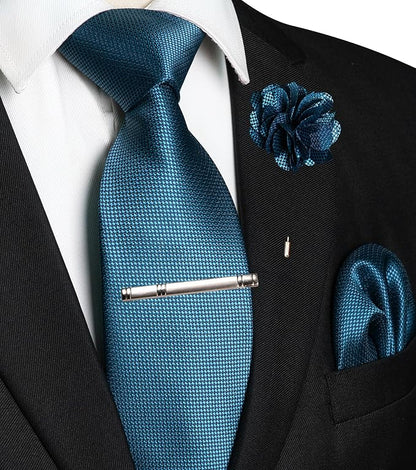 JEMYGINS Mens Tie and Lapel Pin with Pocket Square Tie Clip Sets for Casual and Business 4PCS