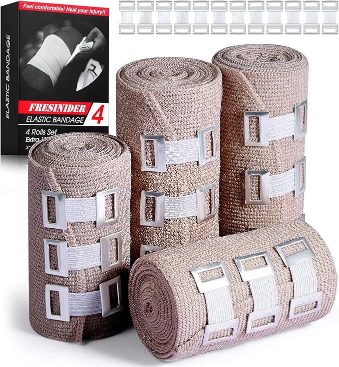FRESINIDER Elastic Bandage Wrap 4 Pack(2 X 3 + 2 X 4 Wide Rolls) + 24 Clips | Stretch Compression Bandage Stretches up to 15ft | Ideal for Medical, Sports, Sprains, Calf, Ankle & Foot