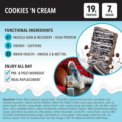 JiMMYBAR! - Cookies N Cream Protein Bars 19g Protein Bar - 7g Low Sugar - 12 Count - 58g Health Bars - Functional Snack with Real Food Ingredients - Hand-Drizzled Chocolate - Made With Real Peanuts
