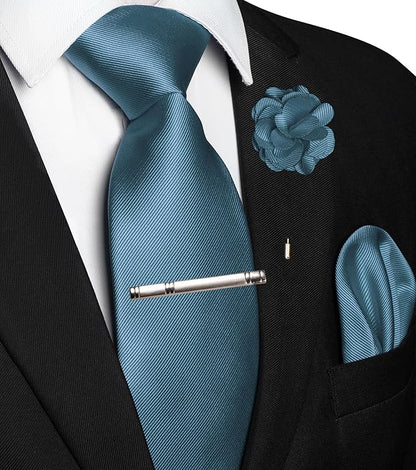 JEMYGINS Formal Necktie Solid Color Tie and Pocket Square with Tie Clip Lapel Pin Sets for Men 4PCS