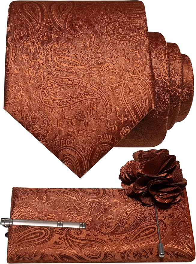 JEMYGINS Mens Paisley Tie and Lapel Pin Necktie Pocket Square and Tie Clip with Sets for Business Casual 4PCS