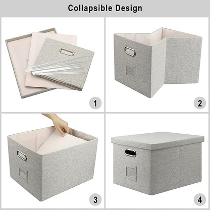 File Organizer Box, Collapsible Storage Filling Collectior with Lid for Letter Legal Size Hanging Folders Decorative Linen File Folder Box Document Storage Filing Bin, Beige 2 Pack