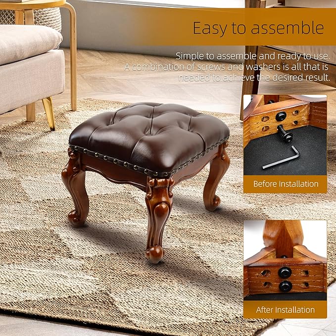 Leather Foot Stool,Vintage Footstools,Wooden Footrest,Upholstered Foot Rest for Living Room,Sofa,Entryway,Solid Wood Stool (Cherry)