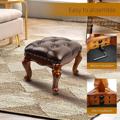 Leather Foot Stool,Vintage Footstools,Wooden Footrest,Upholstered Foot Rest for Living Room,Sofa,Entryway,Solid Wood Stool (Cherry)