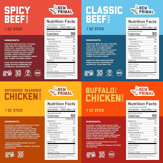 New Primal Meat Sticks Sampler, Grass-Fed Beef, All Natural Chicken, Keto & Gluten Free Healthy Snacks for Adults, Sugar Free Low Carb High Protein Snack, Jerky Gift Box, Variety Pack, 10 Count