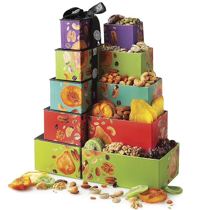 Oh! Nuts 5 Tier Gift Tower - 12 Assorted Dried Fruits and Nuts Gift Basket - Gourmet Healthy Snack Boxes for Holiday, Birthday, Thank You, Corporate Gifting, Parties & Family Celebrations
