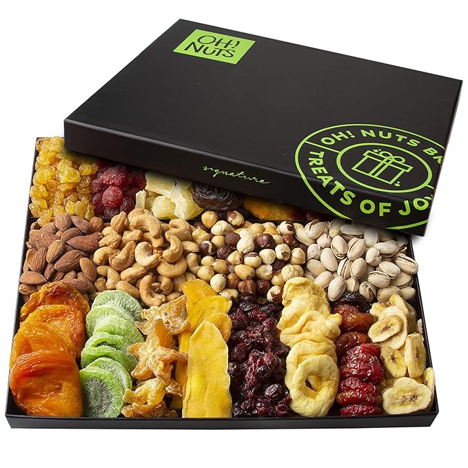 Oh! Nuts Dried Fruit and Nut Gift Basket - XL19 Variety Gourmet Assorted Fruits and Nuts Gift Baskets - Holiday Gift Box - Food Snack Box for Birthday, Corporate - Gift for Men, Women