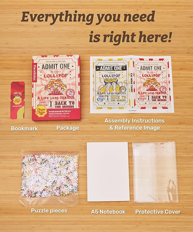 PieceRelax A5 Puzzle Journal for Adults, 300 Piece Plastic Jigsaw Book Cover (Includes Notebook) - Chupa Chups_Timeless Memories - Fun Pass, Unique Gift [YA1067]