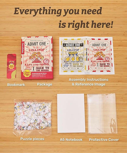 PieceRelax A5 Puzzle Journal for Adults, 300 Piece Plastic Jigsaw Book Cover (Includes Notebook) - Chupa Chups_Timeless Memories - Fun Pass, Unique Gift [YA1067]