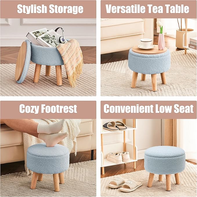 Poofzy Small Ottoman with Storage, Small Foot Stool Ottoman with Wood Legs, Sherpa Foot Rest for Couch, Living Room and Bedroom - Light Blue