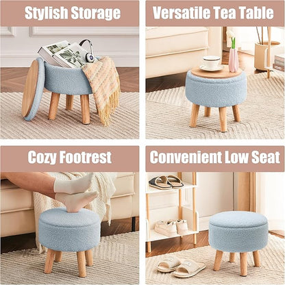 Poofzy Small Ottoman with Storage, Small Foot Stool Ottoman with Wood Legs, Sherpa Foot Rest for Couch, Living Room and Bedroom - Light Blue
