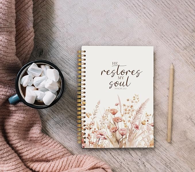 Christian Notebook for Women, Christian Art Gifts Journal, Prayer Journal for Women, Bible Journaling Notebook, PSALM 23:3 He Restores My Soul Floral Spiral Notebook 5.5x8.3