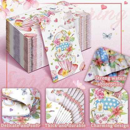 Karenhi 200 Pcs Tea Party Napkins 2 Ply Tea Cup Guest Napkins Spring Hand Paper Floral Guest Paper Towels for Bathroom Disposable Hand Towels for Bathroom Wedding Bridal