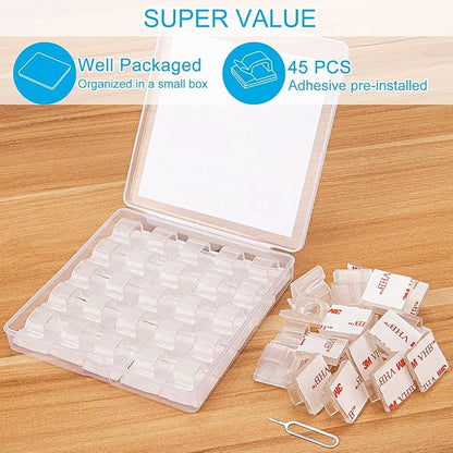 Adhesive Cable Clips Cord Organizer Clear (45 PCS, Large), Outdoor Light Clips for Christmas String Lights, Wall Wire Holder Clips for Ethernet Cable Management Under Desk, Led Light Hooks