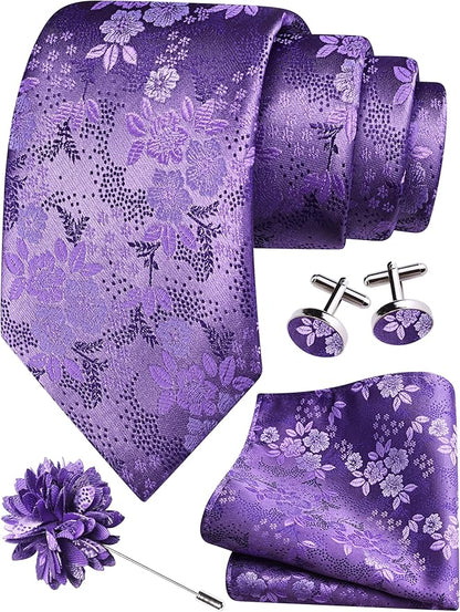 GUSLESON 3.15"（8cm） Mens Floral Tie and Lapel Pin Necktie Hankerchief Cufflinks Set for Men