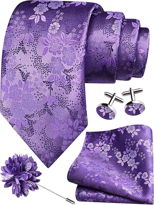 GUSLESON 3.15"（8cm） Mens Floral Tie and Lapel Pin Necktie Hankerchief Cufflinks Set for Men